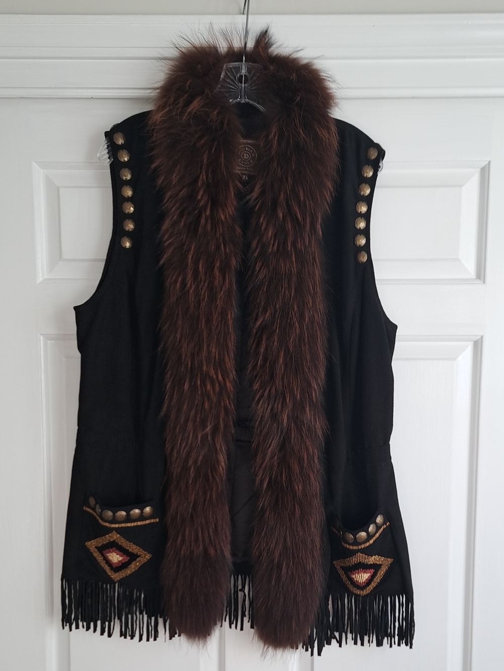 Double D Ranch Black Leather Vest with Brown Faux Fur Collar